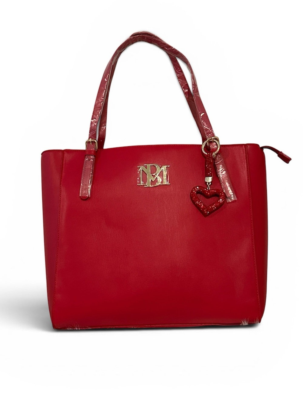 Badgley Mischka Red Vegan Leather Monogram Tote Zip Closure with Heart Charm NWT